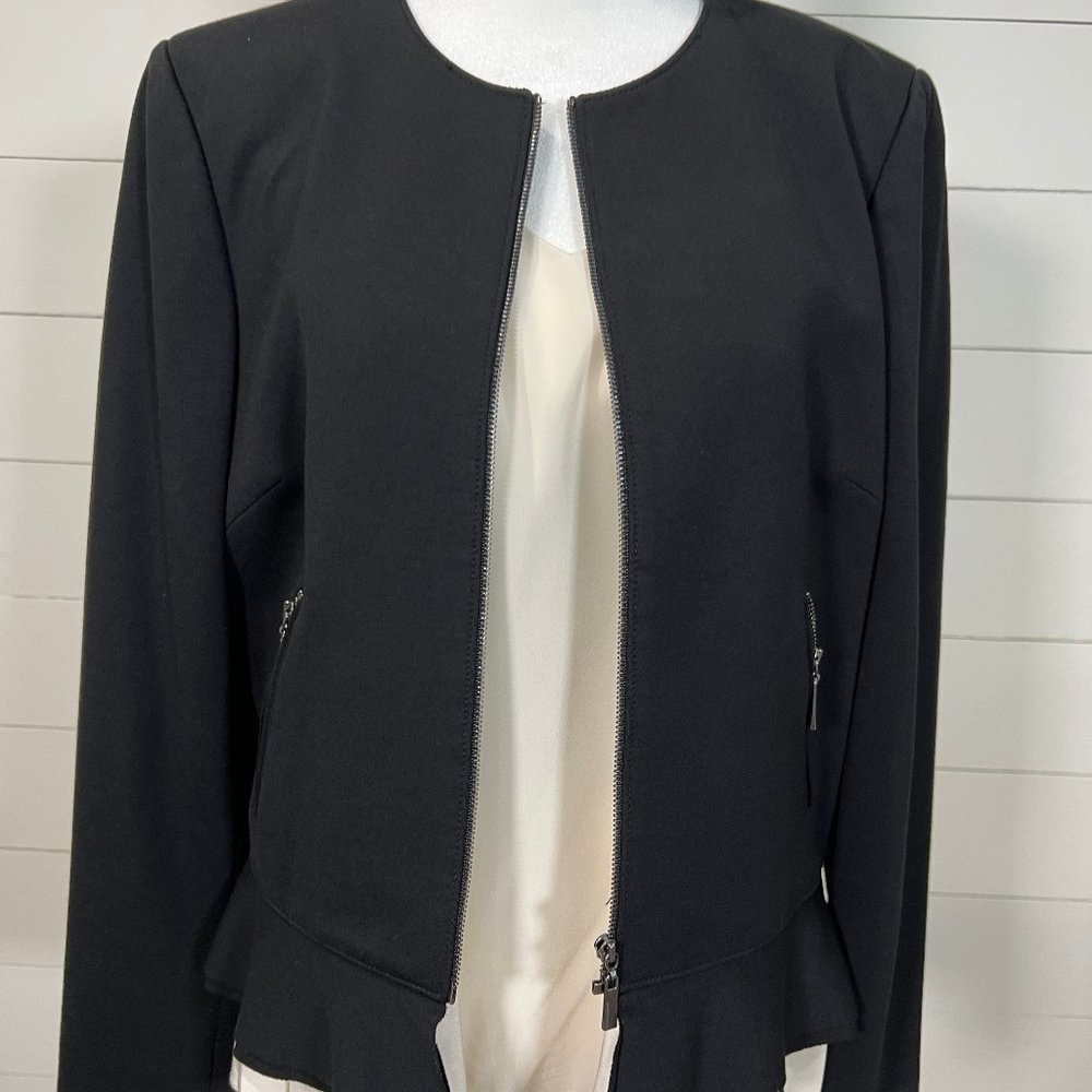 Antonio Melani Waist Length Zip Front Peplum Ruffled Black Jacket, Size 8